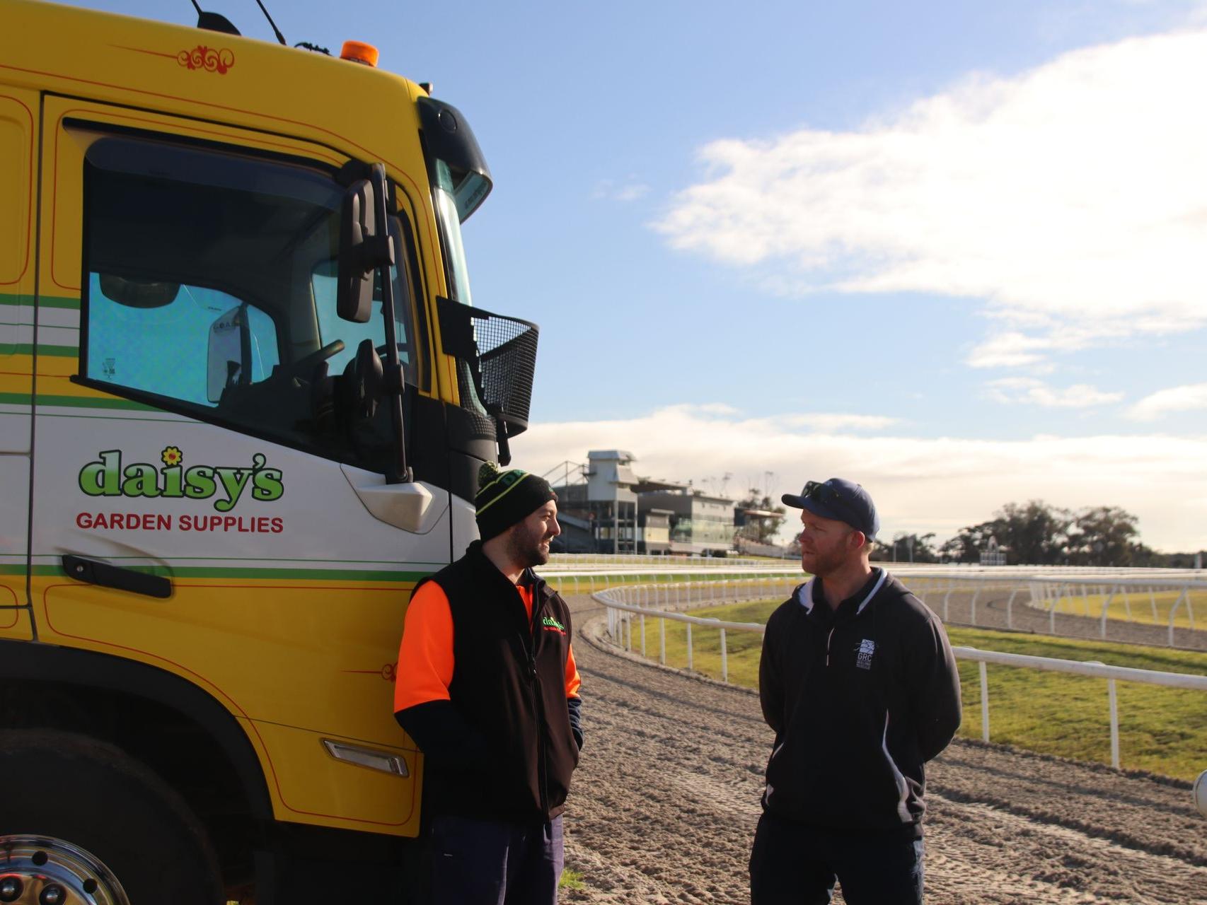 Geelong Racing Track Manager talking to Ryan Dunoon from Daisys Garden Supplies