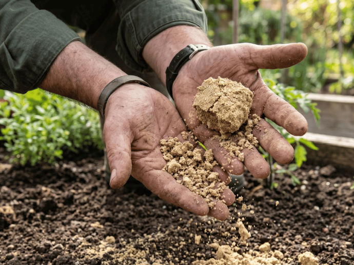 Performing a squeeze test on sandy soil in an Australian garden to check soil type