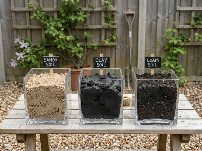 Sandy soil, clay soil, and loam soil side by side — showing the difference in texture and colour