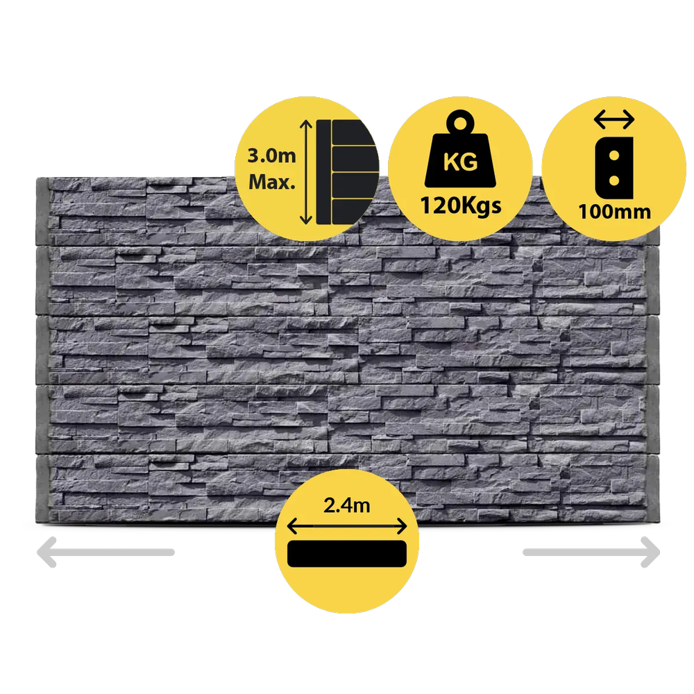 CONCRETE SLEEPER HEAVY DUTY STACKSTONE ROCKFACE CHARCOAL 2400X200X100MM